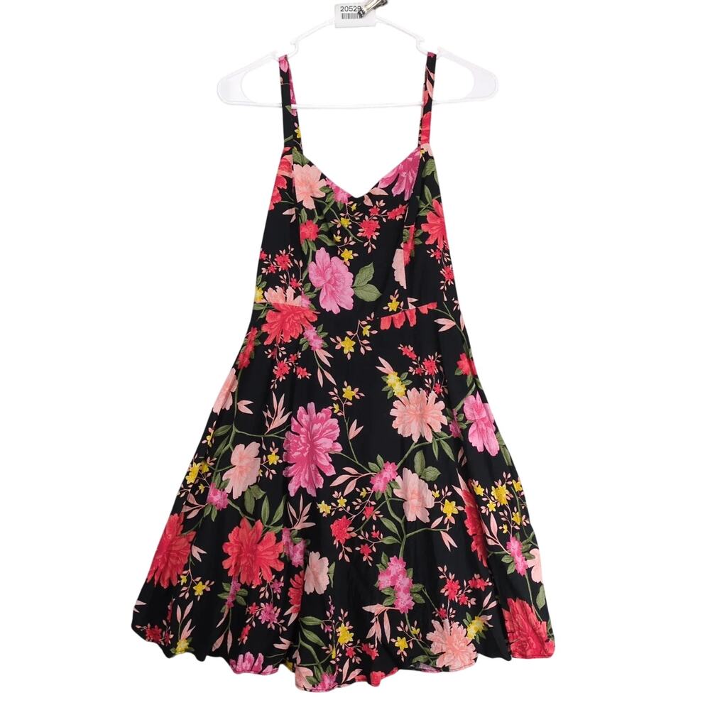Old Navy Floral Babydoll Cami Dress M Black Pink Roses Y2K Strappy Smocked
